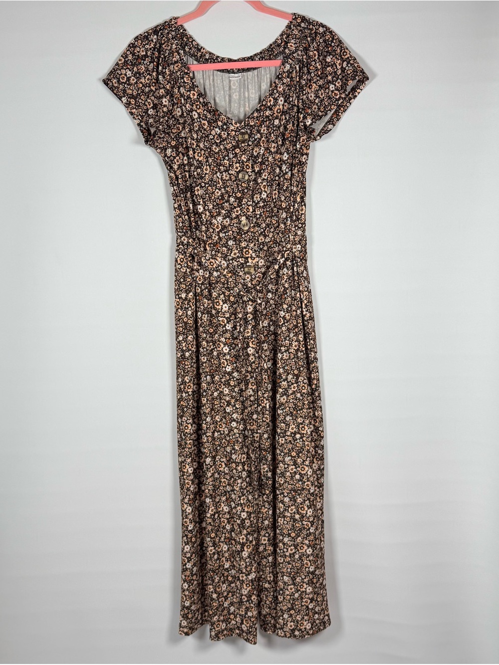 Lascana Brown Floral Jumpsuit Wide Leg Tie Waist Cottagecore Size 8 - Picture 2 of 11